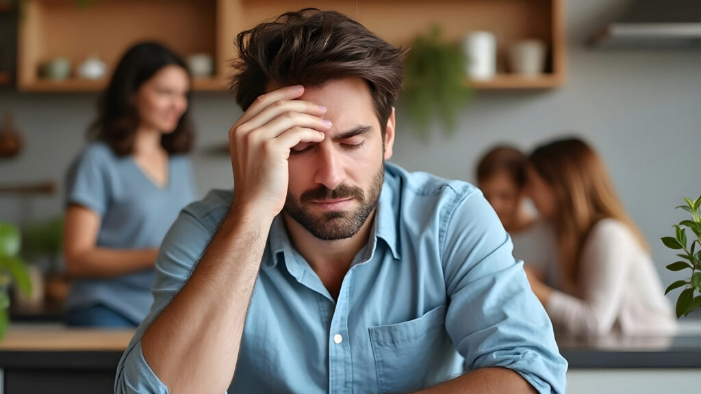 Familia reunida en casa compartiendo tiempo juntos con una actitud positiva, reflejando un entorno emocionalmente saludable.