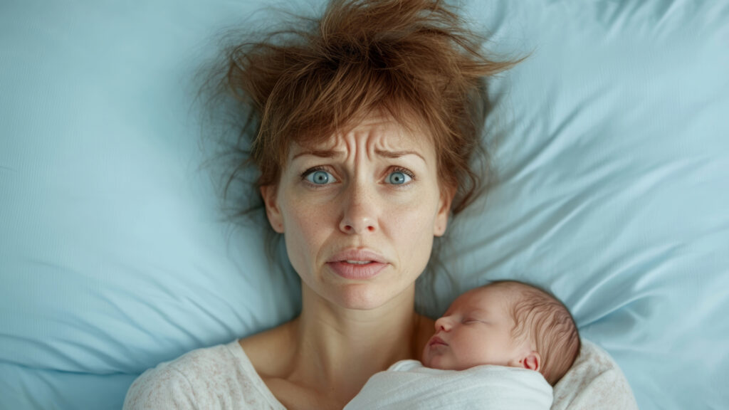 “Mujer sosteniendo a su bebé con expresión tranquila y luz natural entrando por una ventana”